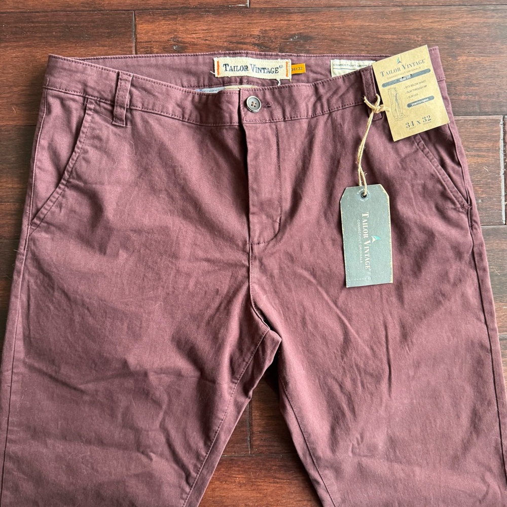 Tailor Vintage Mens 34x32 Slim Fit Pants Stretch Tapered Leg Raspberry NWT